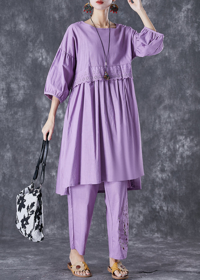Purple Patchwork Linen Two Pieces Set Embroideried Lantern Sleeve