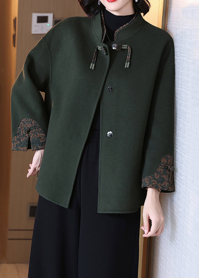 Blackish Green Button Wool Coat Long Sleeve