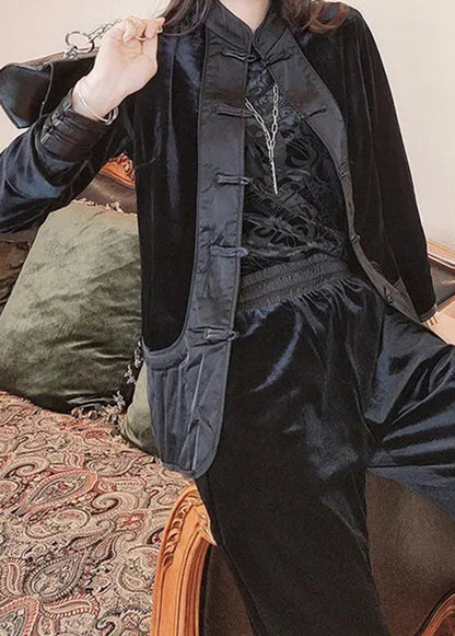Loose Black Chinese Button Patchwork Velour Two-piece Set Fall