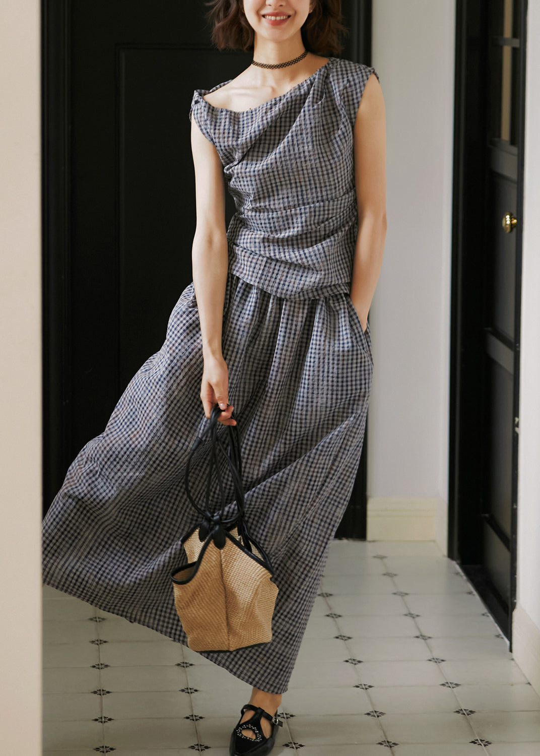 Summer New Plaid Asymmetric Design Two Pieces Set