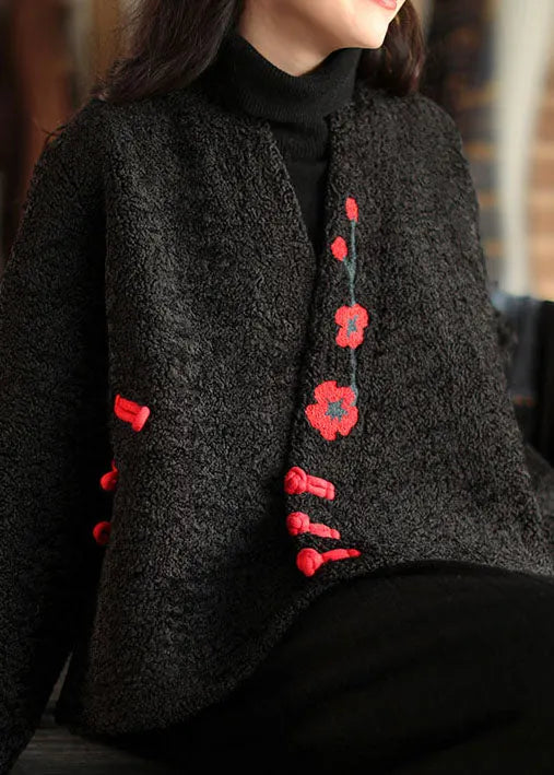 Chinese Style Black Button Embroideried Faux Fur Coats Long Sleeve