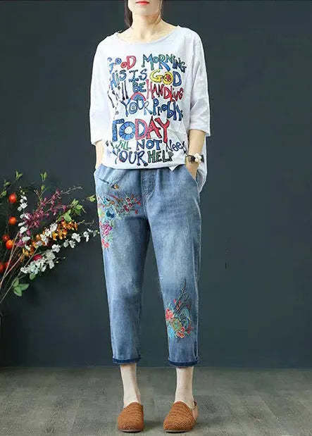 Blue Embroidered Denim Ripped Pants Summer