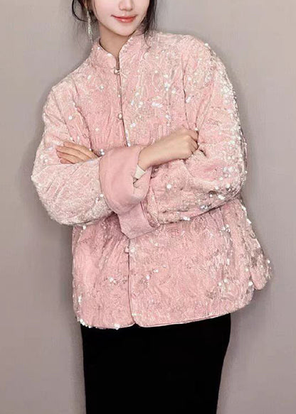 Pink Sequins Button Silk Velvet Coats Long Sleeve
