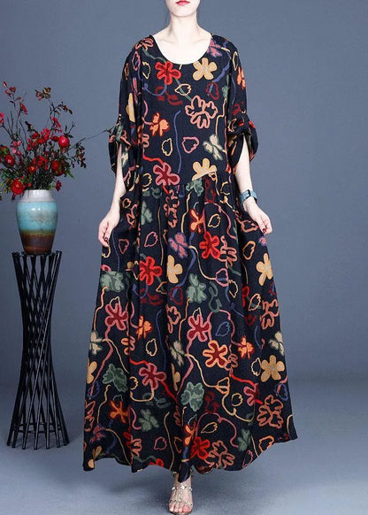 Stylish Navy Print O-neck Asymmetrical Design Summer Chiffon Ankle Dress
