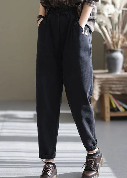 Black Cotton Denim Pants Button Cinched Spring