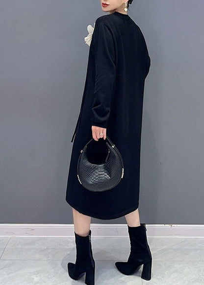 French Striped O-neck Side Open Holiday Long Dress Long Sleeve
