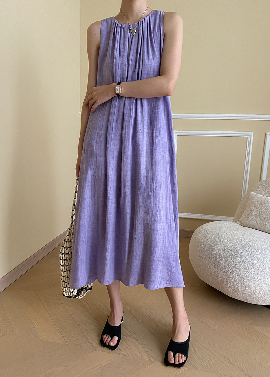 Holiday Style Purple O Neck Wrinkled Linen Dresses Sleeveless