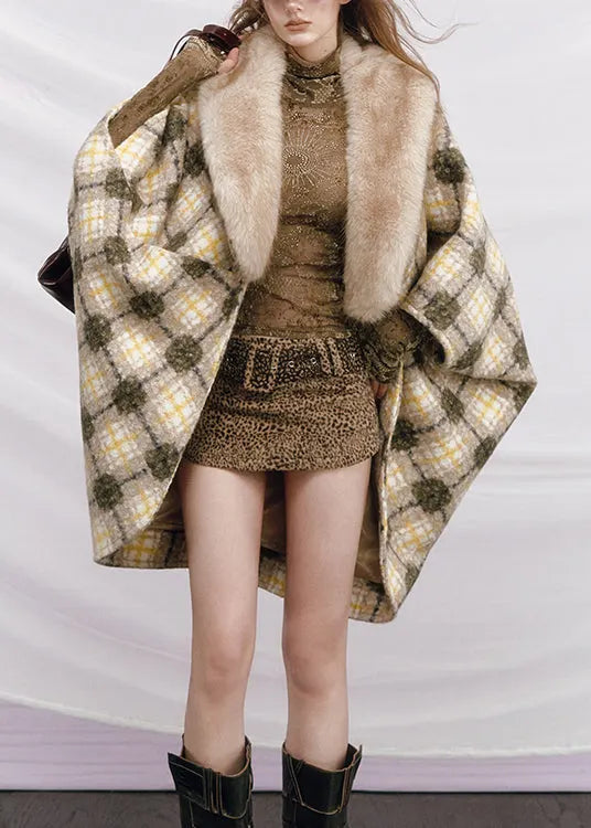 Plaid Yellow Fur Collar Pockets Patchwork Woolen Coats Batwing Sleeve