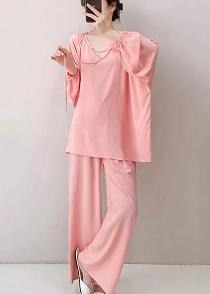 Loose Pink V Neck Cotton Pajamas Two Piece Set Fall