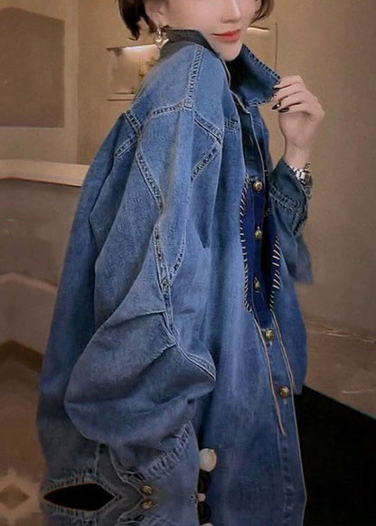 French Blue Peter Pan Collar Button Patchwork Denim Shirts Top Spring