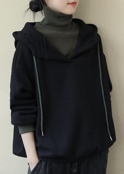 Italian Black Hooded Patchwork Fine Cotton Filled Sweatshirt Spring