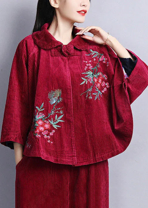 Mulberry Peter Pan Collar Embroideried Corduroy Coats Cloak Sleeves