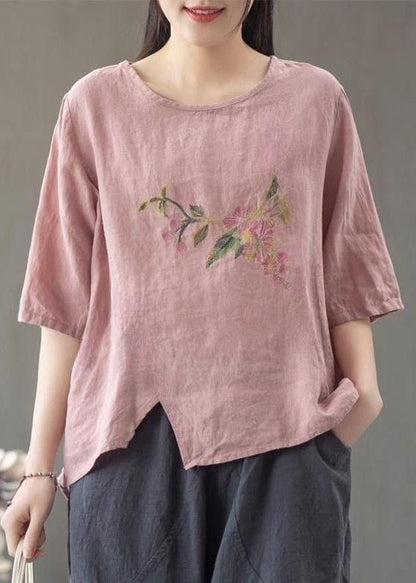 Loose Linen O Neck Print Linen T Shirt Half Sleeve