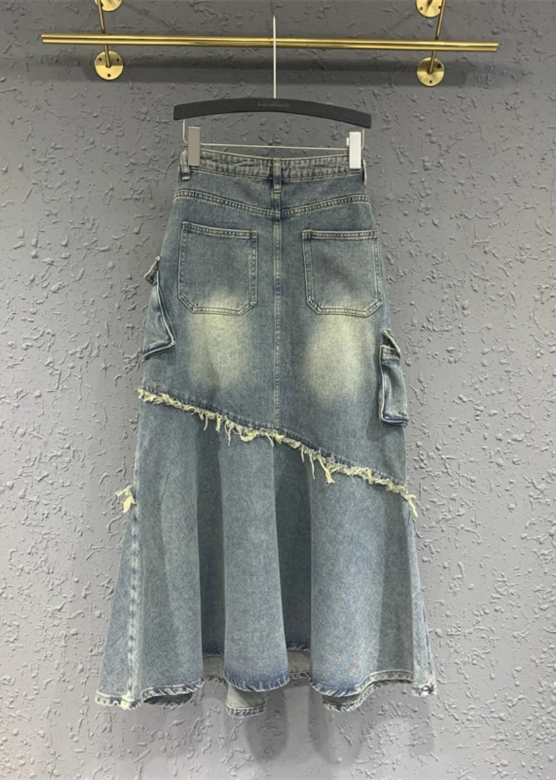 Light Blue Tasseled Pockets Patchwork Denim Skirt Spring