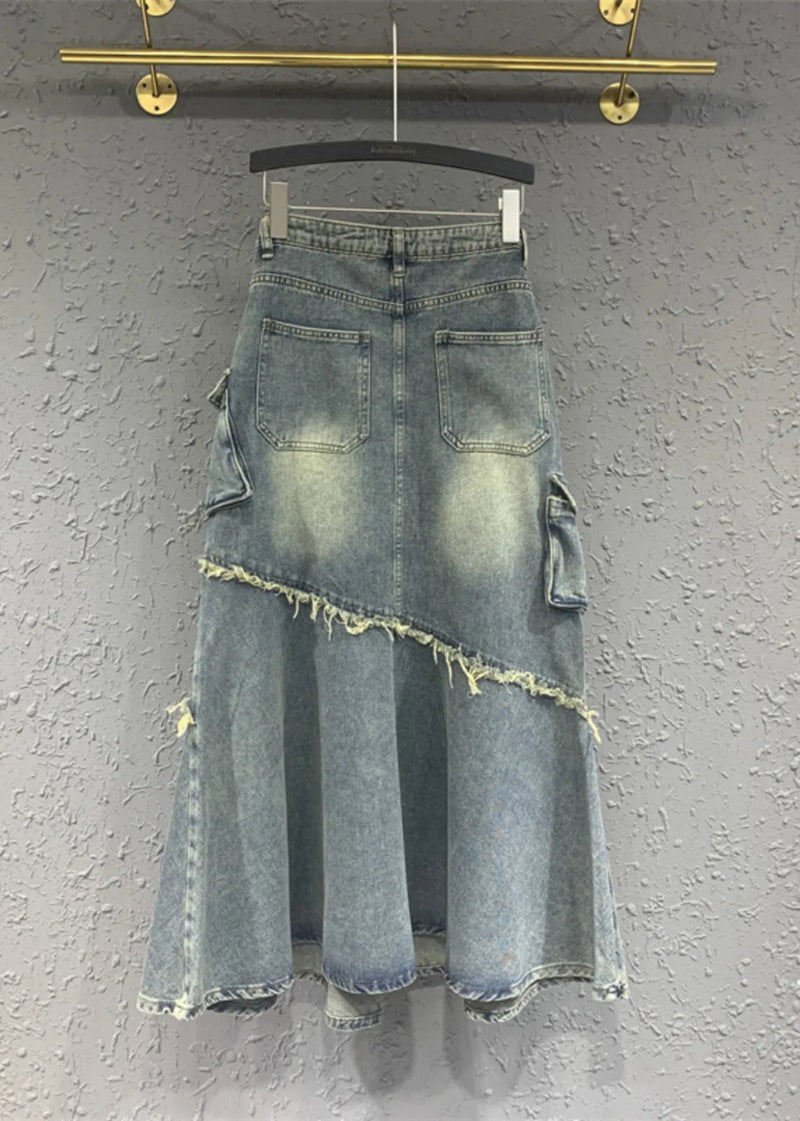Light Blue Tasseled Pockets Patchwork Denim Skirt Spring