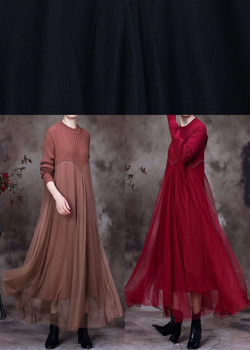 Classy Khaki O-neck Asymmetrical Design Fall Knit Dress