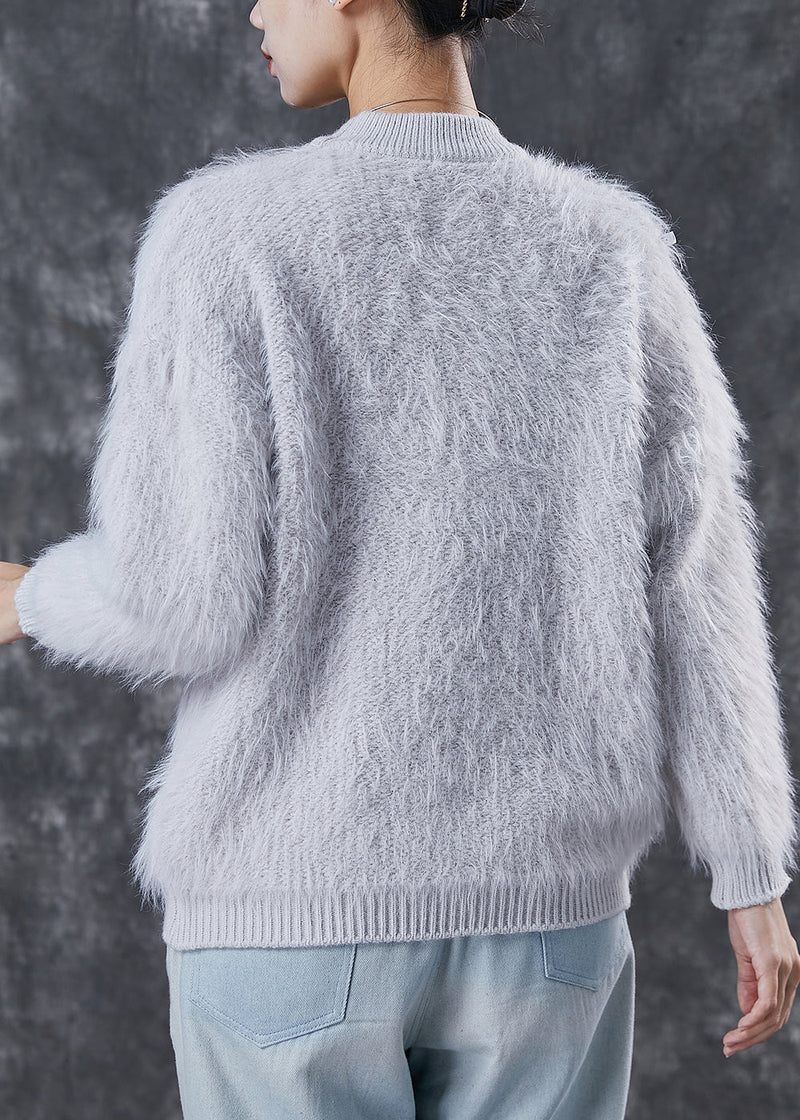 Grey Thick Patchwork Knit Short Sweater Winter