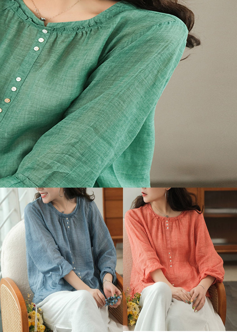 Green Patchwork Ruffles Linen Blouses Long Sleeve