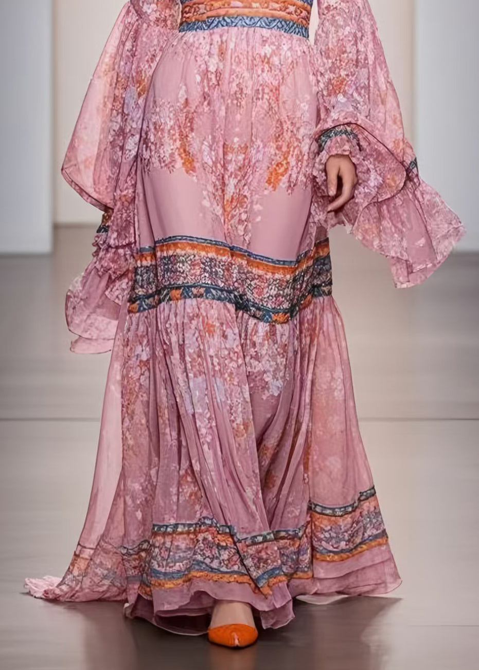 Pink V Neck Print Chiffon Holiday Dress Spring