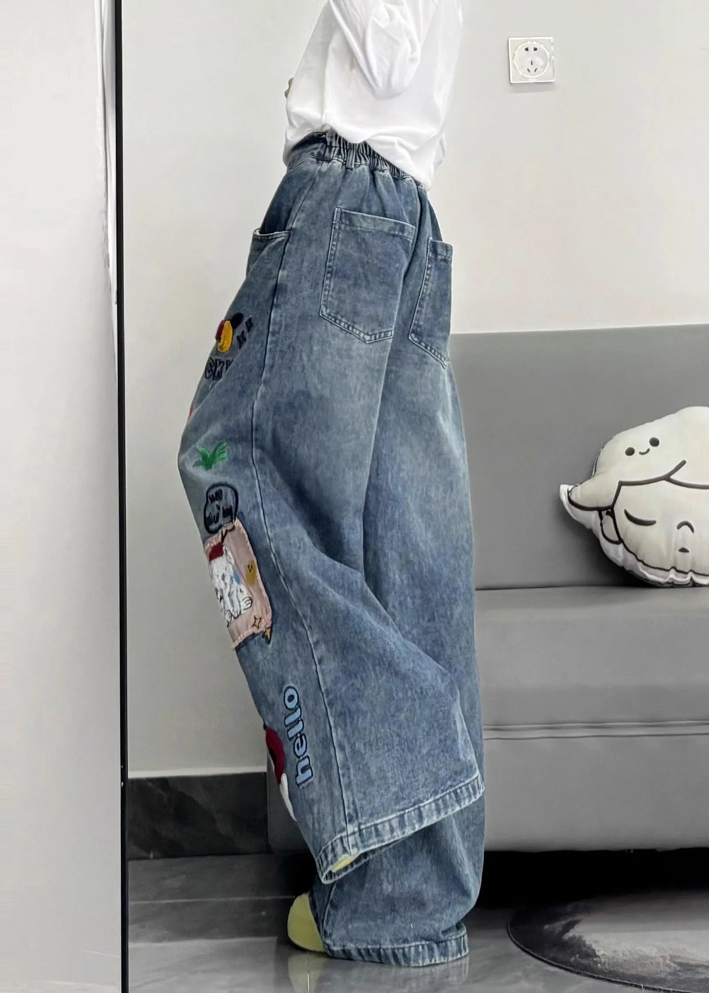 Style Blue Embroidered Patchwork Dog Applique Denim Straight Pants Spring