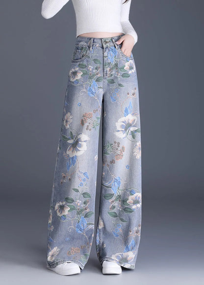 Organic Blue Pockets Print Denim Wide Leg Pants Spring