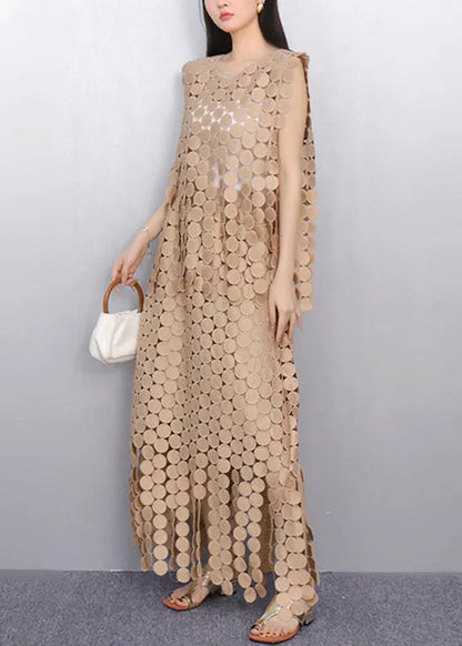 Champagne Hollow Out Lace Top and Maxi Skirts Two Pieces Set Summer