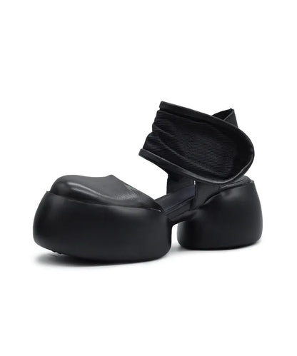 New Black Cowhide Leather Chunky Sandals
