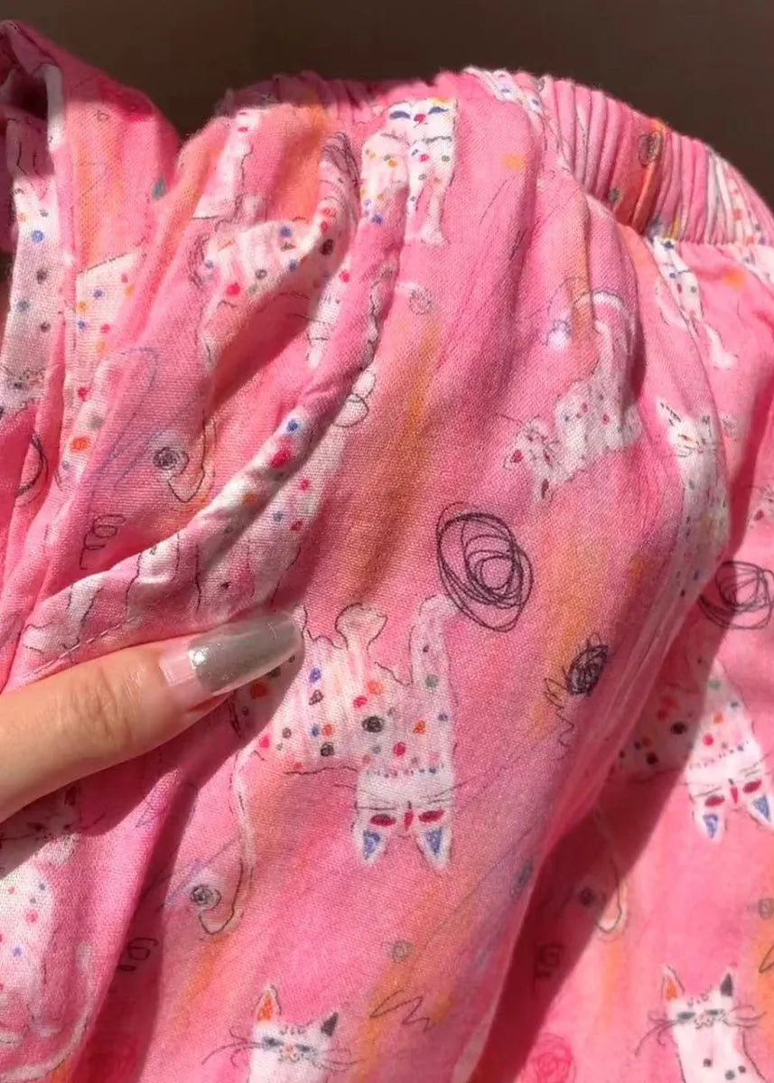 Cozy Pink Print Elastic Waist Cotton Pajamas Pants Summer