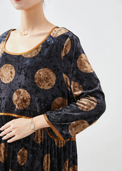 Black Oversized Print Silk Velour Long Dress Fall
