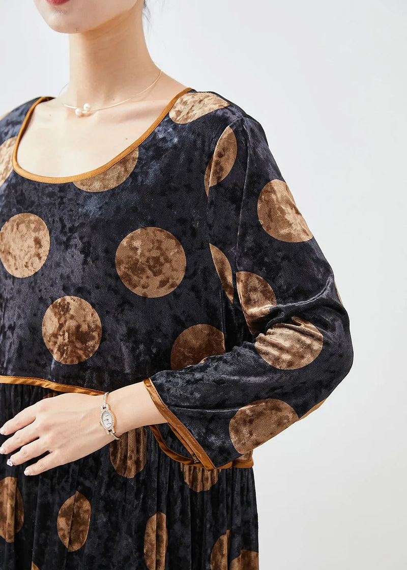 Black Oversized Print Silk Velour Long Dress Fall