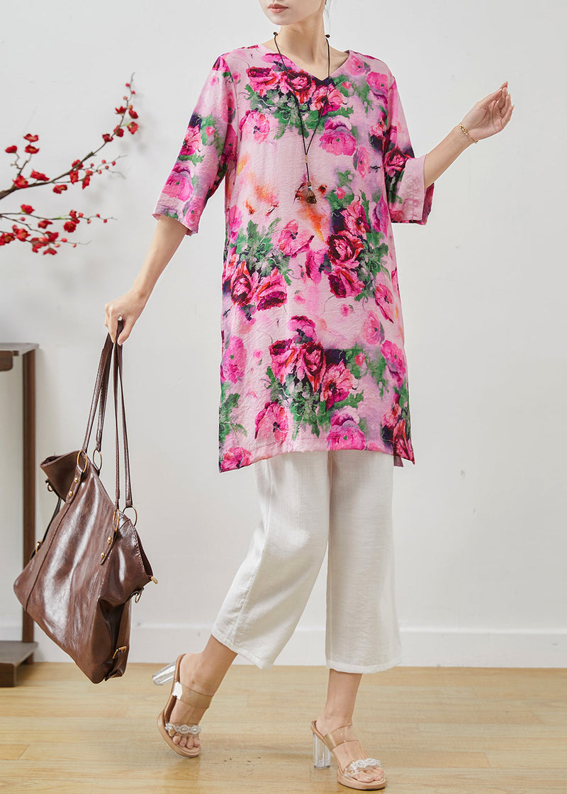 Rose Oversized Print Linen Two Pieces Set Summer