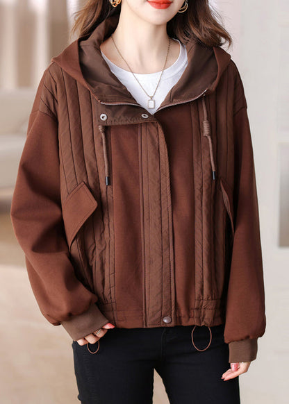 Coffee Patchwork Cotton Hoodie Coat Drawstring Winter