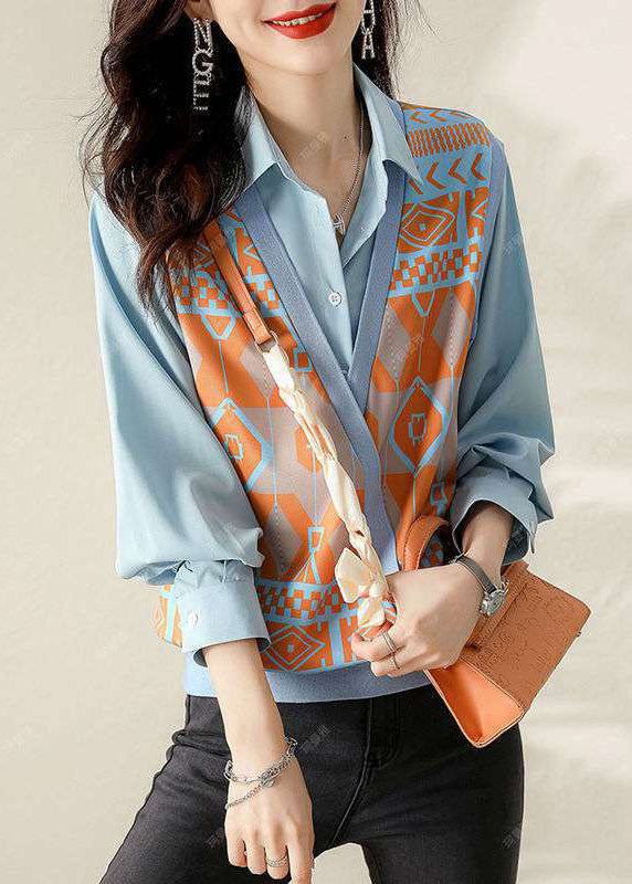 Unique Blue Peterpan Collar Print Vest Tops