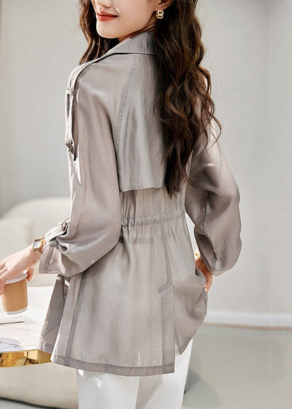 Grey Peter Pan Collar Drawstring Cotton Thin Coats Fall