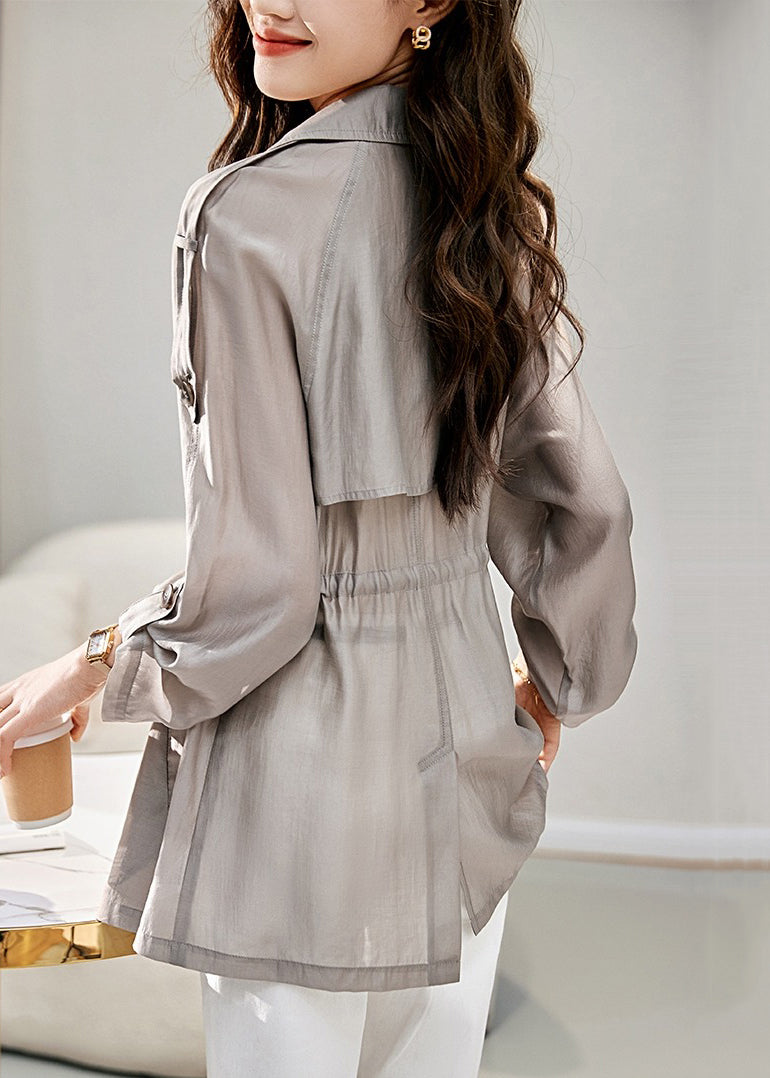 Grey Peter Pan Collar Drawstring Cotton Thin Coats Fall