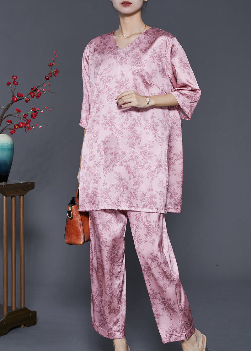 Pink Oversized Print Silk Two Pieces Set Spring