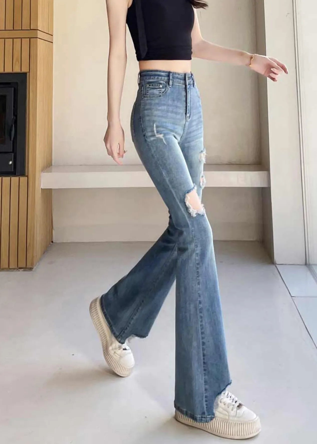 Classy Blue Silm Fit Denim Ripped Bell-bottom Trousers Fall