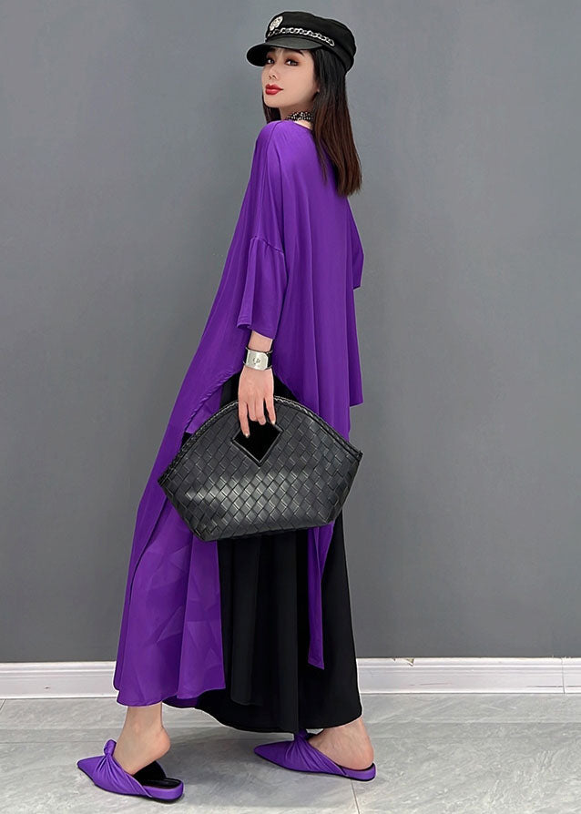 Novelty Purple Asymmetrical Design Patchwork Off the Shoulder Cotton Two Pieces Set Summer