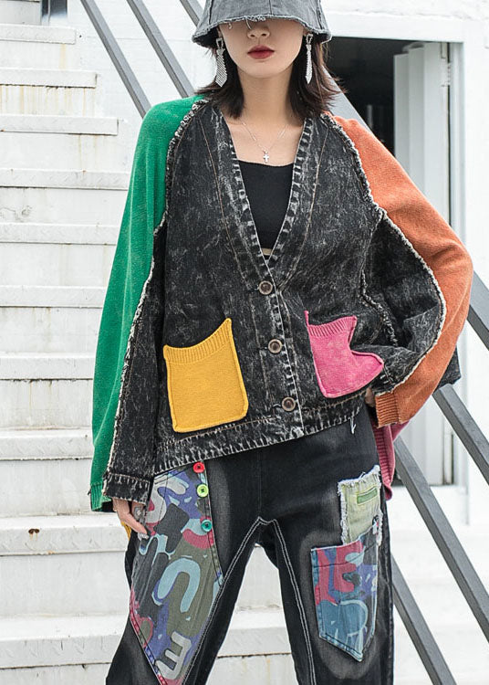 Loose Denim Patchwork Knit V Neck Pockets Button Fall Jacket Long Sleeve