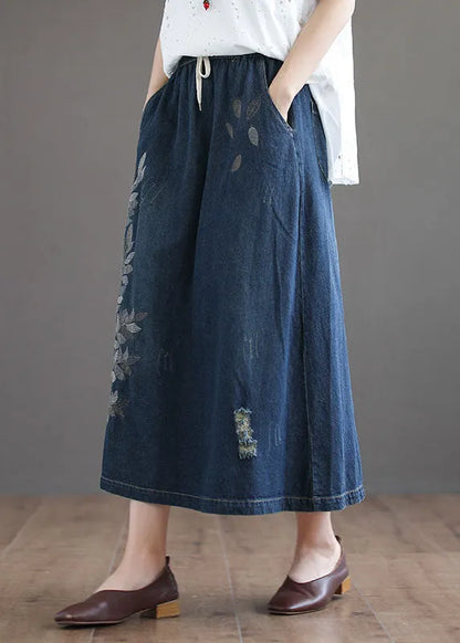 Dark Blue Pockets Cotton Denim Skirt Elastic Waist Ripped Summer