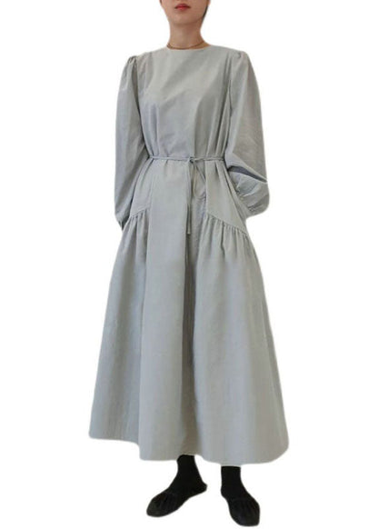 Light Blue O Neck Patchwork Wrinkled Cotton Dress Puff Sleeve