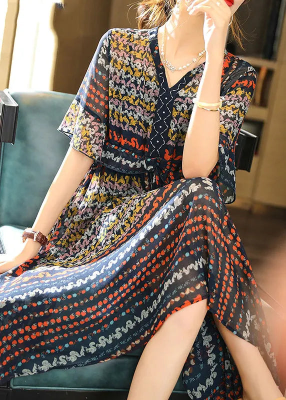 Navy V Neck Print Chiffon Maxi Dress and Slip Dress Two Pieces Set Half Sleeve