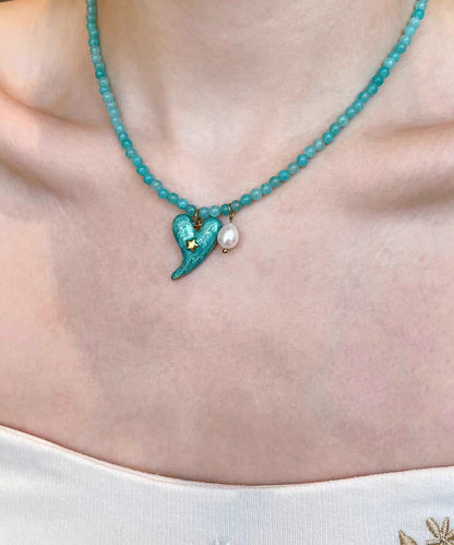 Blue Alloy Amazonite Love Pearl Pendant Necklace Two-piece Set