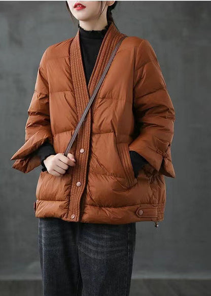 Caramel V Neck Button Thick Winter Jackets