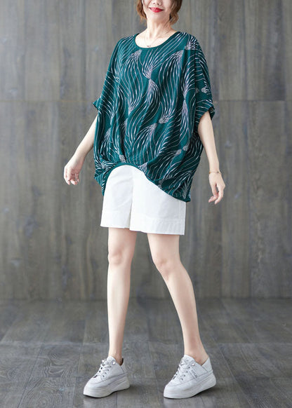 Green O-neck Print Cotton Pullover Tops Short Sleeve