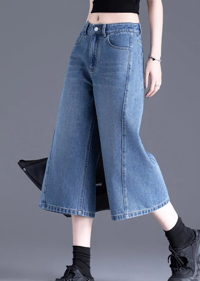 Blue Pockets Denim Crop Pants Summer