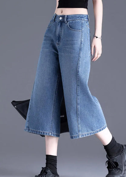 Blue Pockets Denim Crop Pants Summer