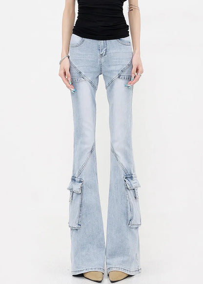 Slim Fit Blue Pockets Patchwork Denim Flared Trousers Fall
