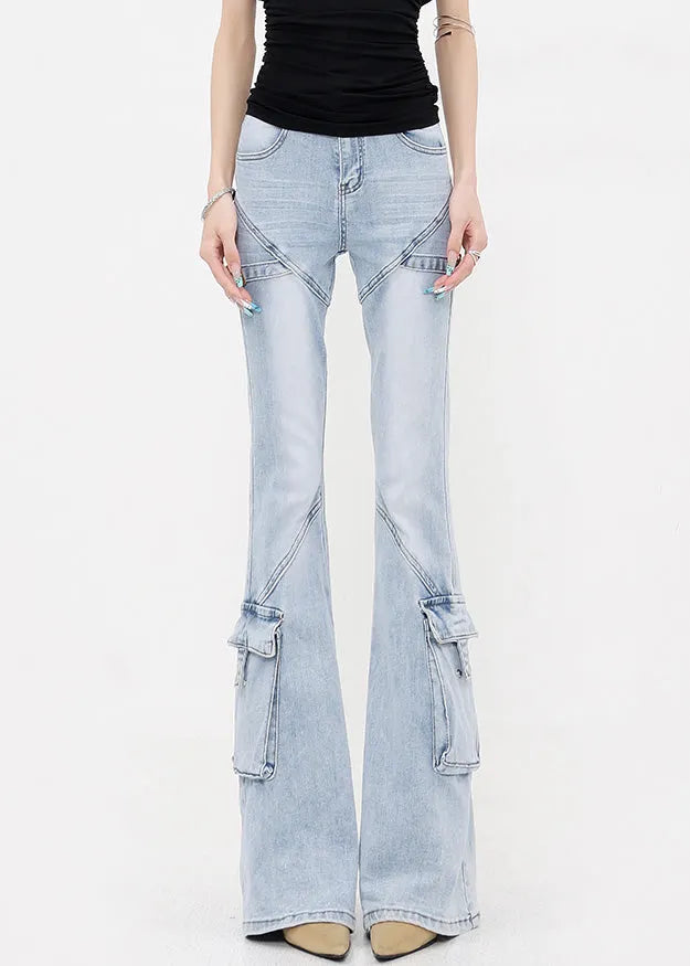 Slim Fit Blue Pockets Patchwork Denim Flared Trousers Fall
