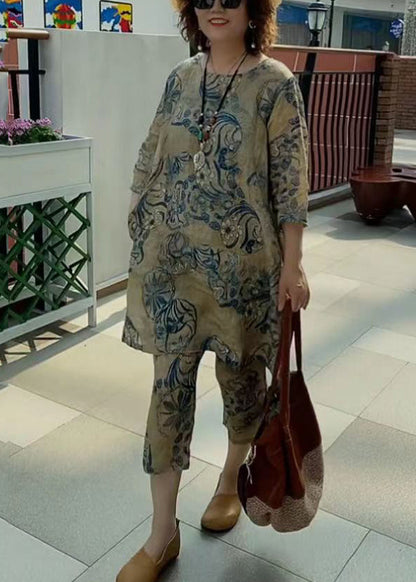 Khaki O-neck Print Linen Two Piece Suit Set Half Sleeve